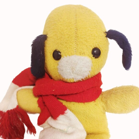 Vintage Yellow Plush Dog With Black Ears Eyes And Red White Scarf - Picture 3 of 7